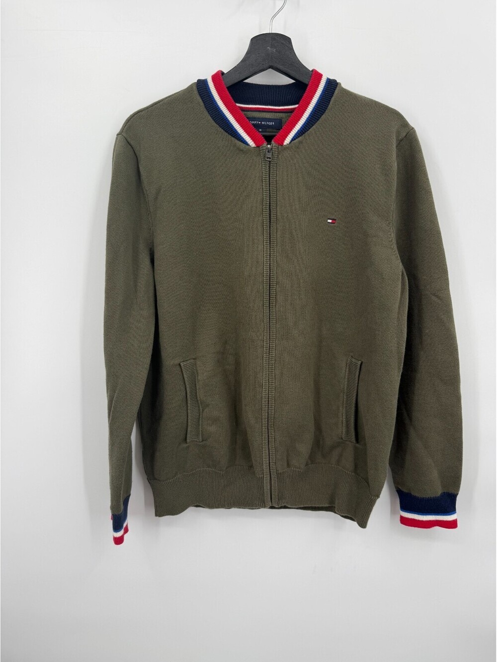 Tommy Hilfiger Mens Full Zip Bomber Sweater Green Varsity Stripe 78E6764 Size M